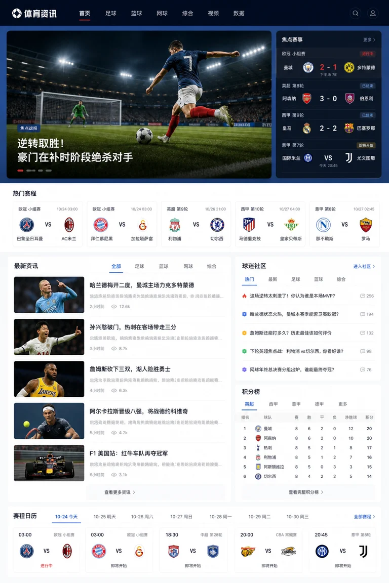 体育新闻资讯页面风格插图，突出赛事报道与官方信息入口的清晰布局